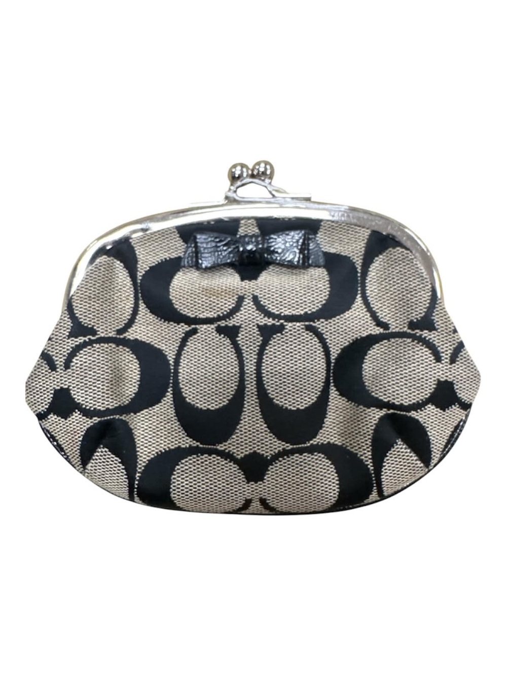 Coach Small Kiss-Lock Coin Purse in Black and Tan Signature Jacquard